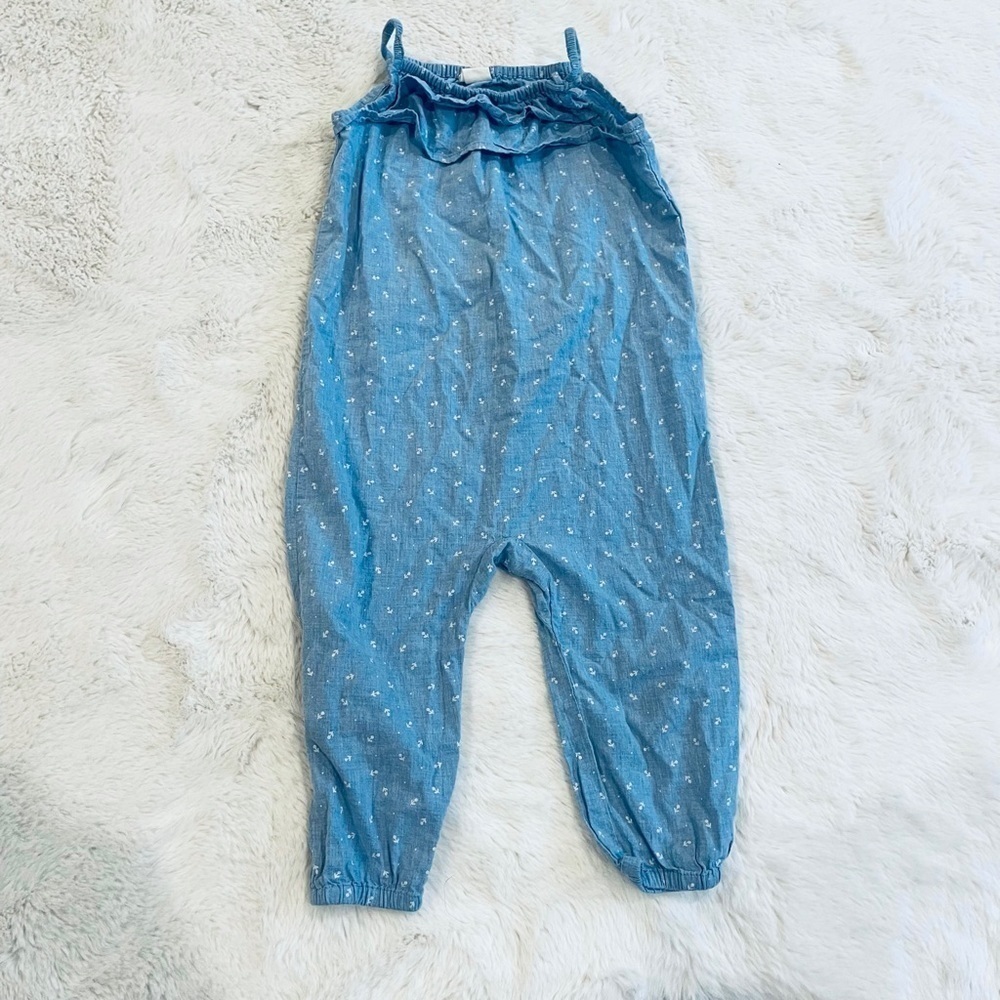H&M Girl’s Blue Denim Chambray Floral Print Ruffled Jumpsuit Size 1.5-2Y